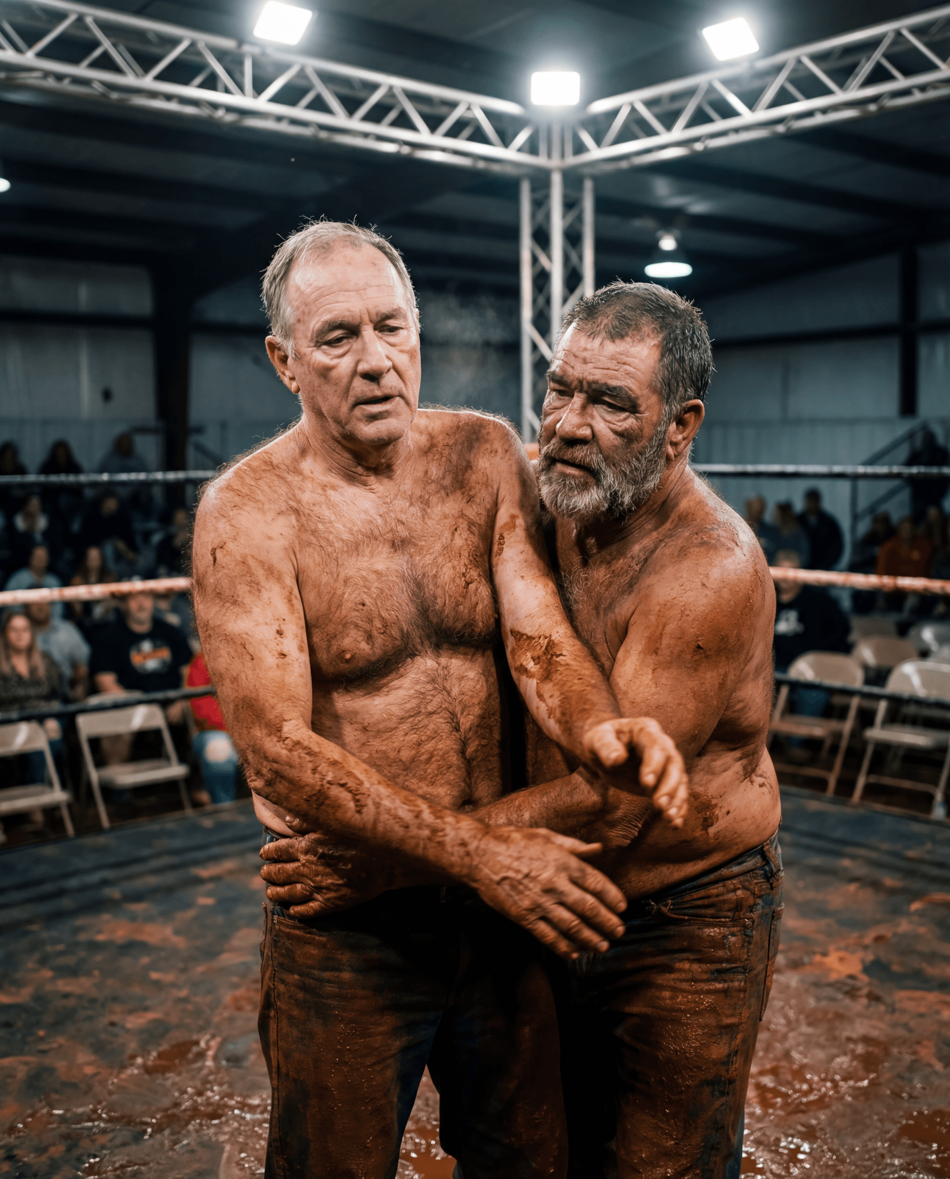 AI generated: RAW DOCUMENTARY SPORTS PHOTOGRAPH
LOCAL AMERICAN RED CLAY MUD WRESTLING — VERTICAL 9:16
ASPECT / OUT...