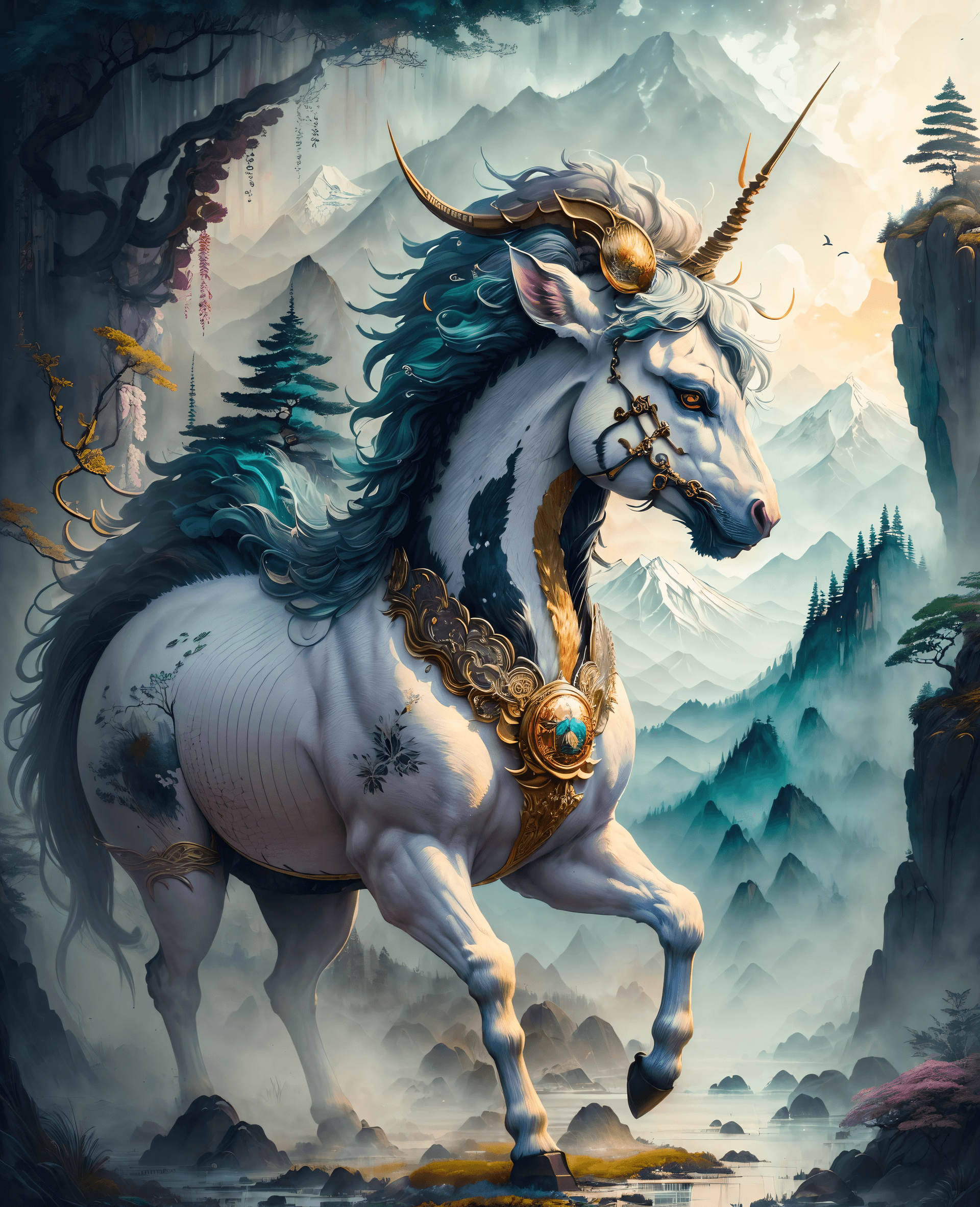 AI generated: (masterpiece award winning highest quality:1.2) , a (Kirin:1.2) , Fantasy environment , Mythology, J...