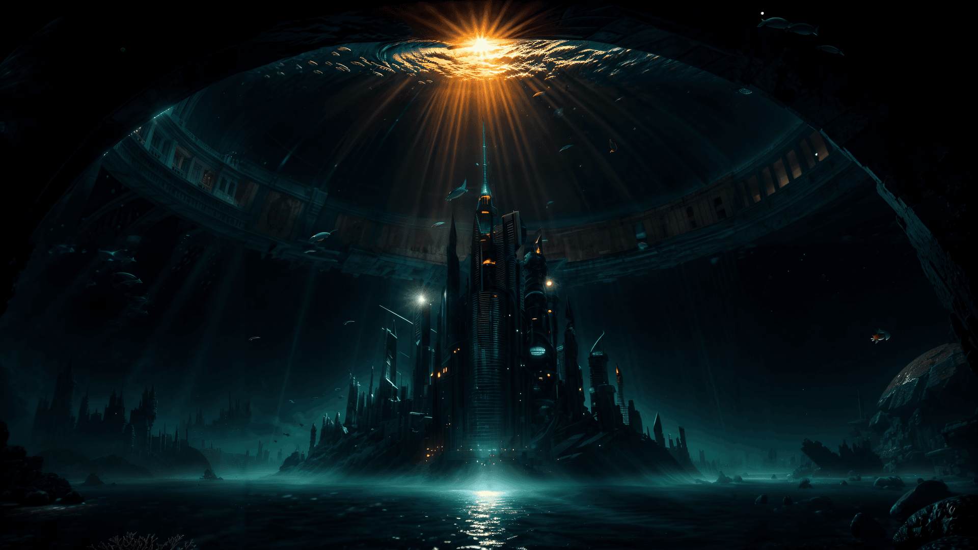 AI generated: breathtaking, Masterpiece, Best Quality Epic cinematic Shot, (underwater Domed City:1.1), Dark, Atla...