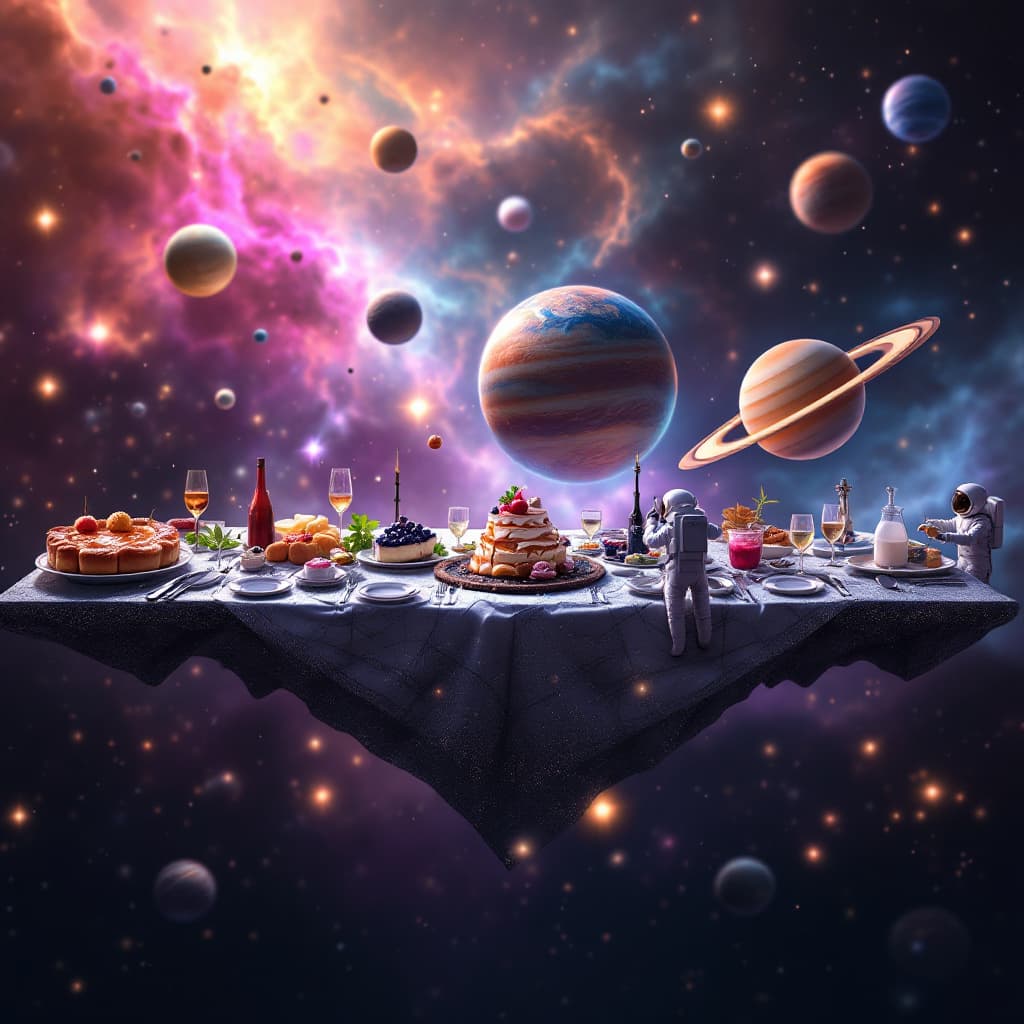 AI generated: A grand banquet table floating in the cosmos, with planets reimagined as gourmet dishes—Jupiter as a...