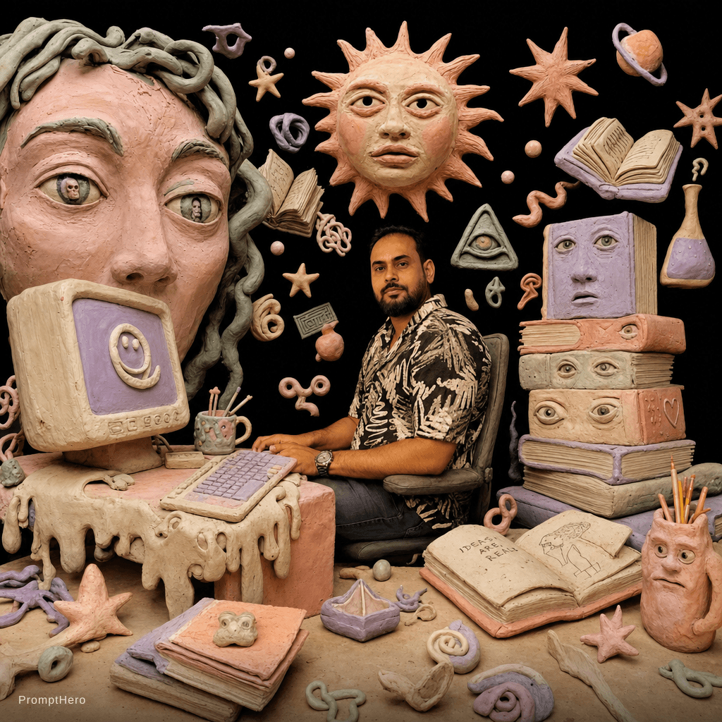 AI generated: surreal editorial composition, hyperrealistic human mixed with handmade plasticine sculptures, tacti...