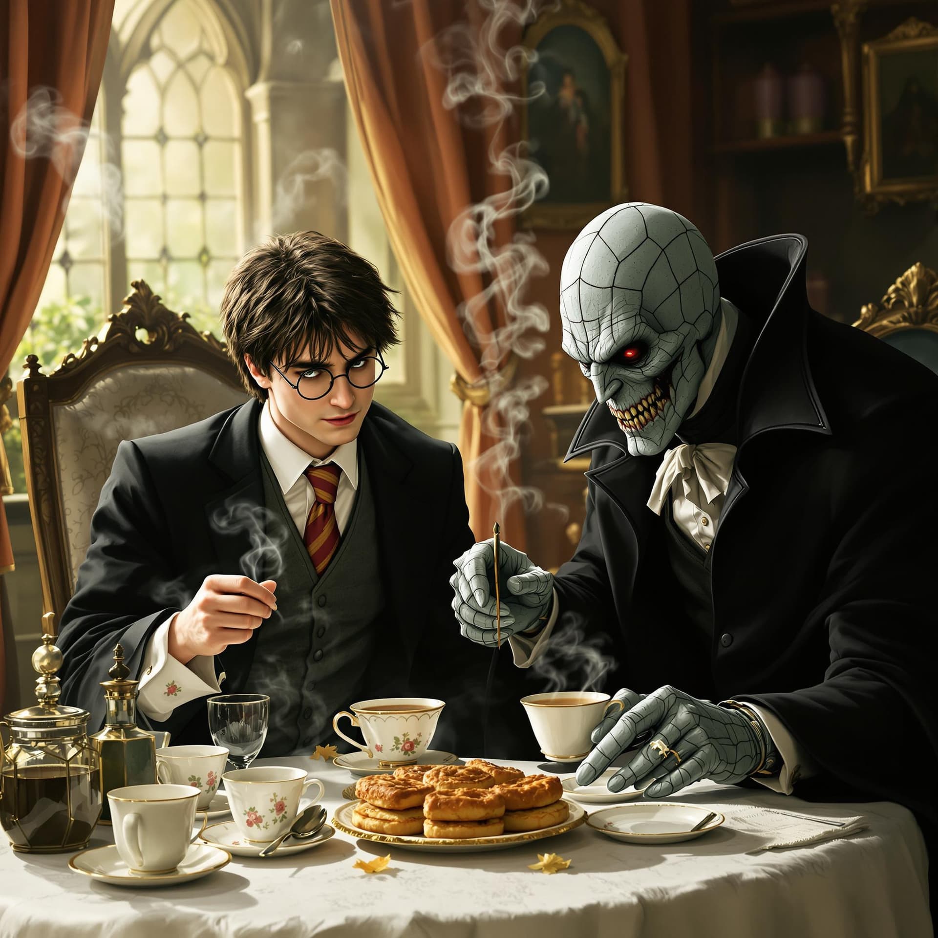AI generated: Harry Potter and Voldemort having a tea party ((Hyperrealistic :3.3)) 1. *Magical Moments Brewing: A...
