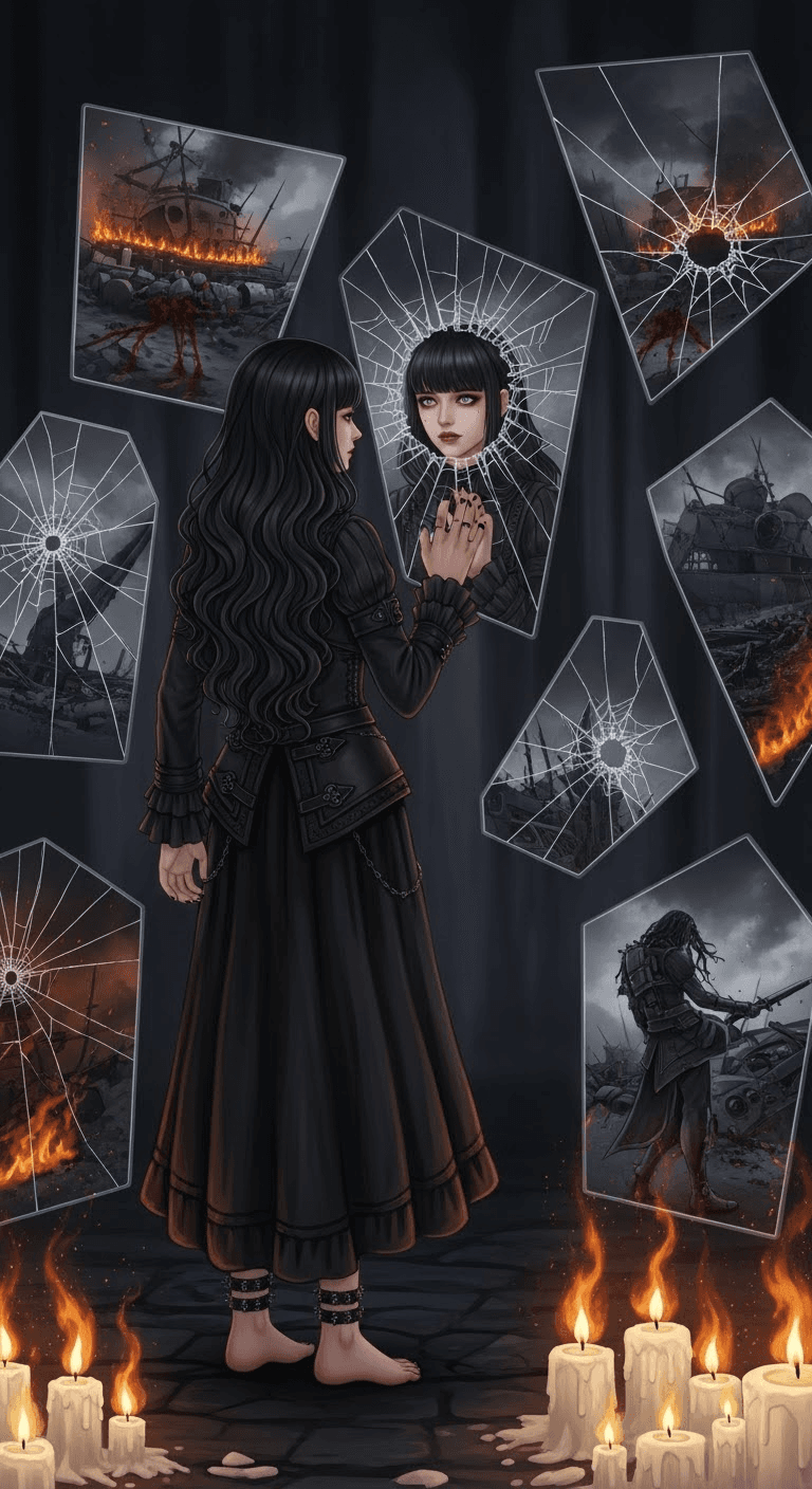 AI generated: A solitary female goth figure with long black wavy hair and bangs in a dark, candlelit room, surroun...