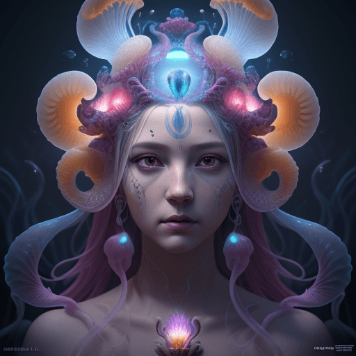 AI generated: Goddess close-up portrait ribcagel. jellyfish phoenix head, nautilus, orchid, skull, betta fish, bio...