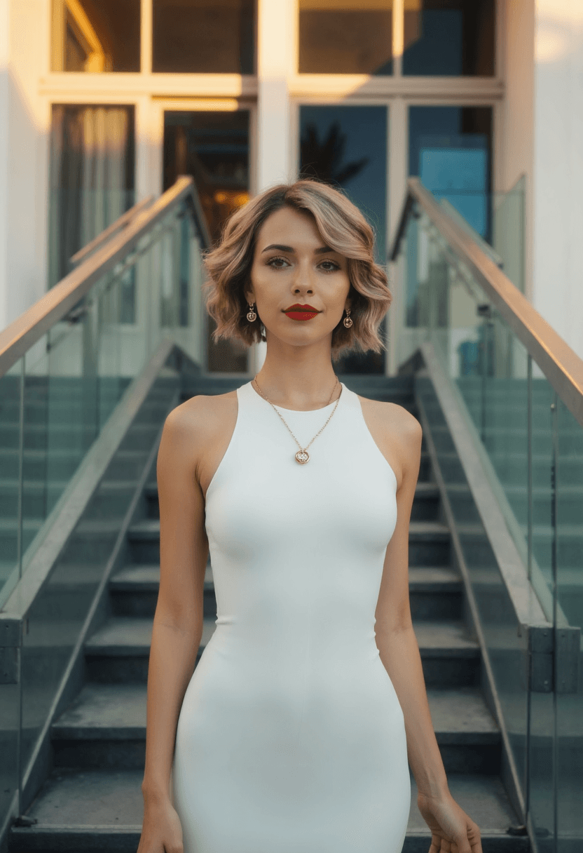 AI generated: A stylish woman with short, wavy hair and bold red lipstick descends a modern staircase with glass r...