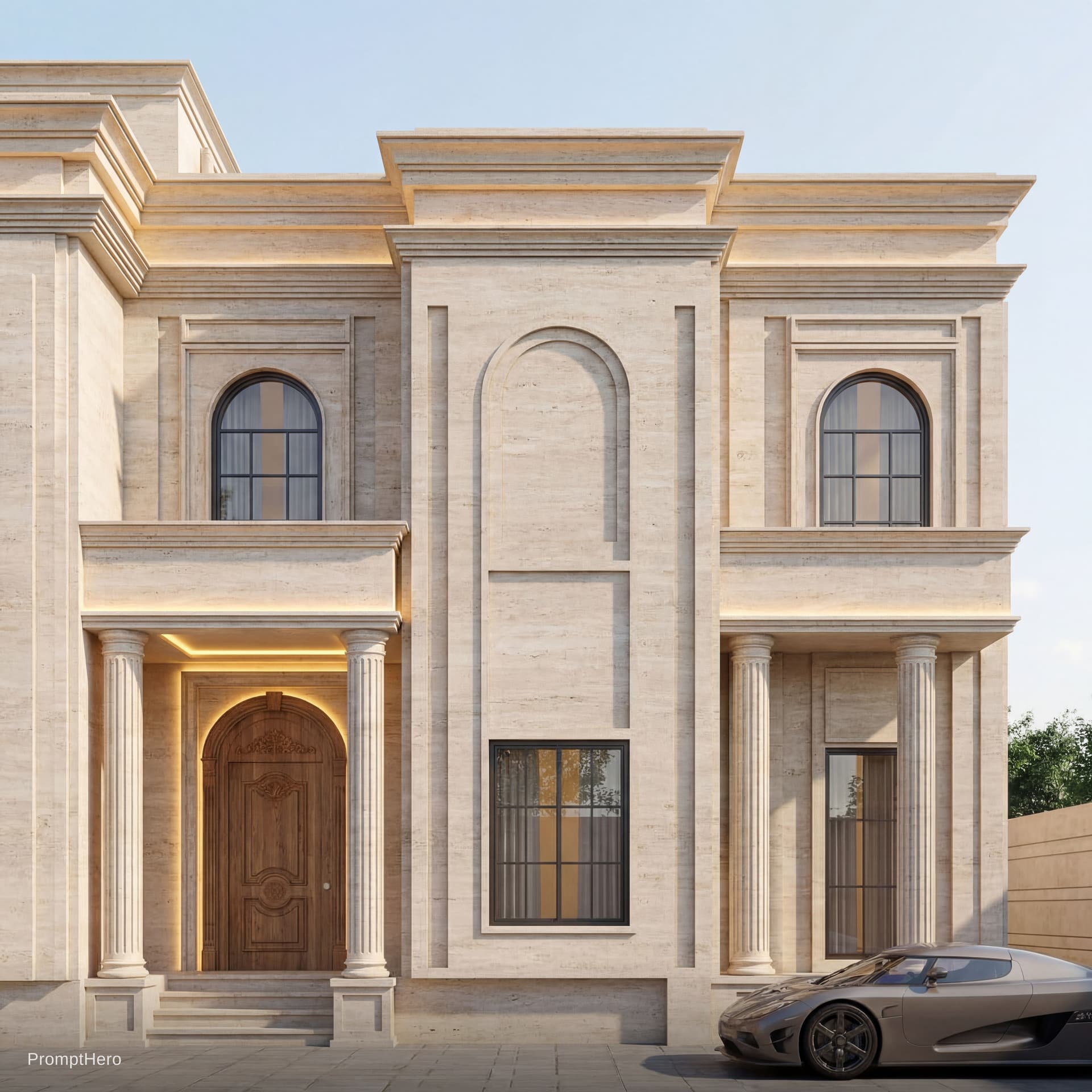 AI generated: Exterior facade design of a two-story residential building,
modern-classic architectural style,
full...