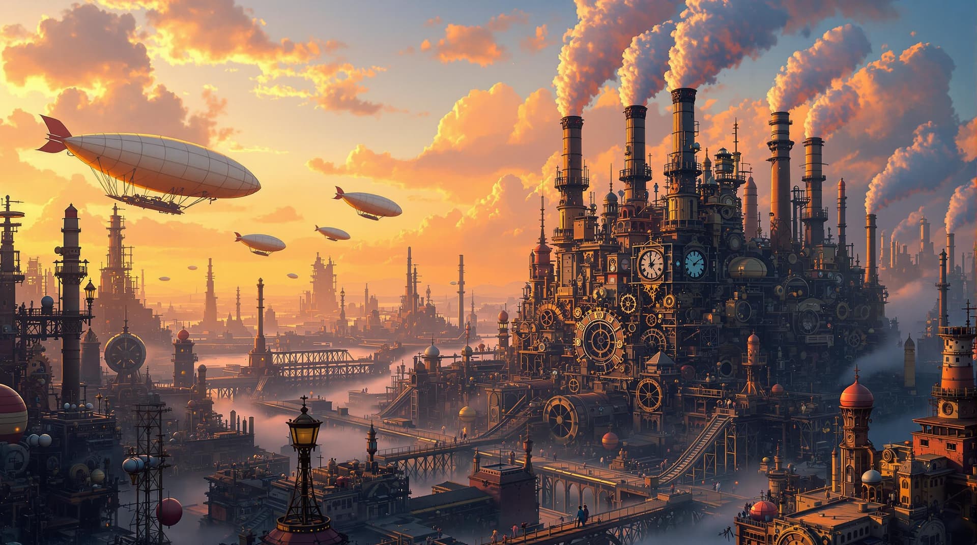 AI generated: A vibrant steampunk industrial landscape. At the center is a large factory with towering smokestacks...