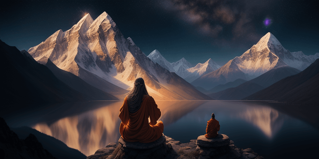 AI generated: A beautiful render of mountain landscape from nepal with golden moon light radiating from the top, c...