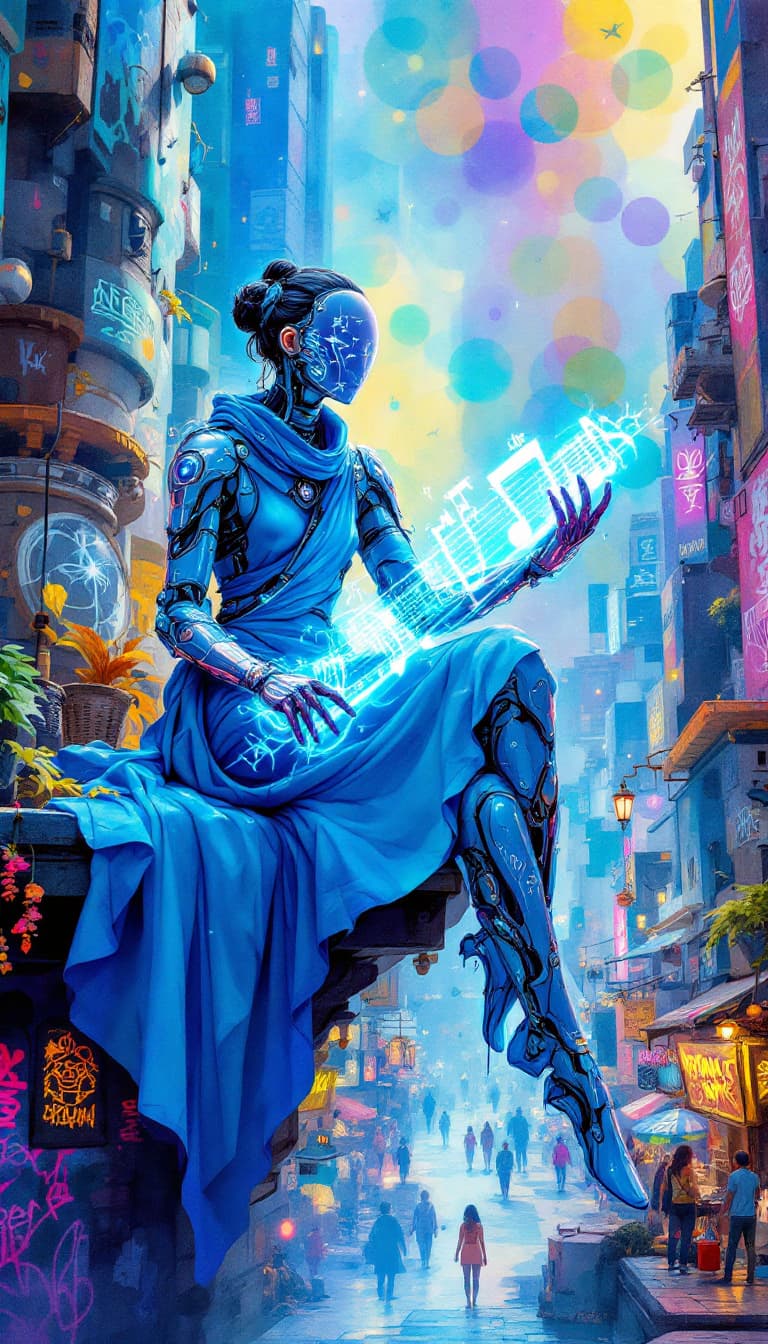 AI generated: A conceptual design: Cybernetic Bard from the Harmonic Order. This vibrant graffiti-punk digital wat...