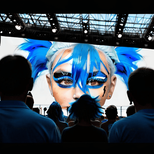AI generated: a group of people with painted face and blue hair in front of a crowd of people in blue shirts,in a ...