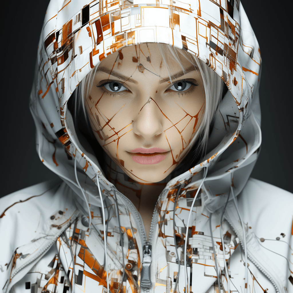 AI generated: vmodel image of an android woman with white hoodie, in the style of cyberpunk dystopia, algorithmic ...