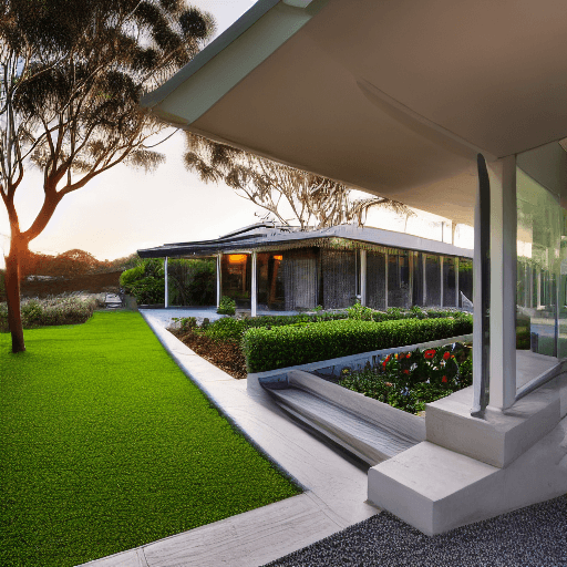 AI generated: High resolution photography of modern Australian bungalow, formal garden, 
magazine, cozy atmosphere...