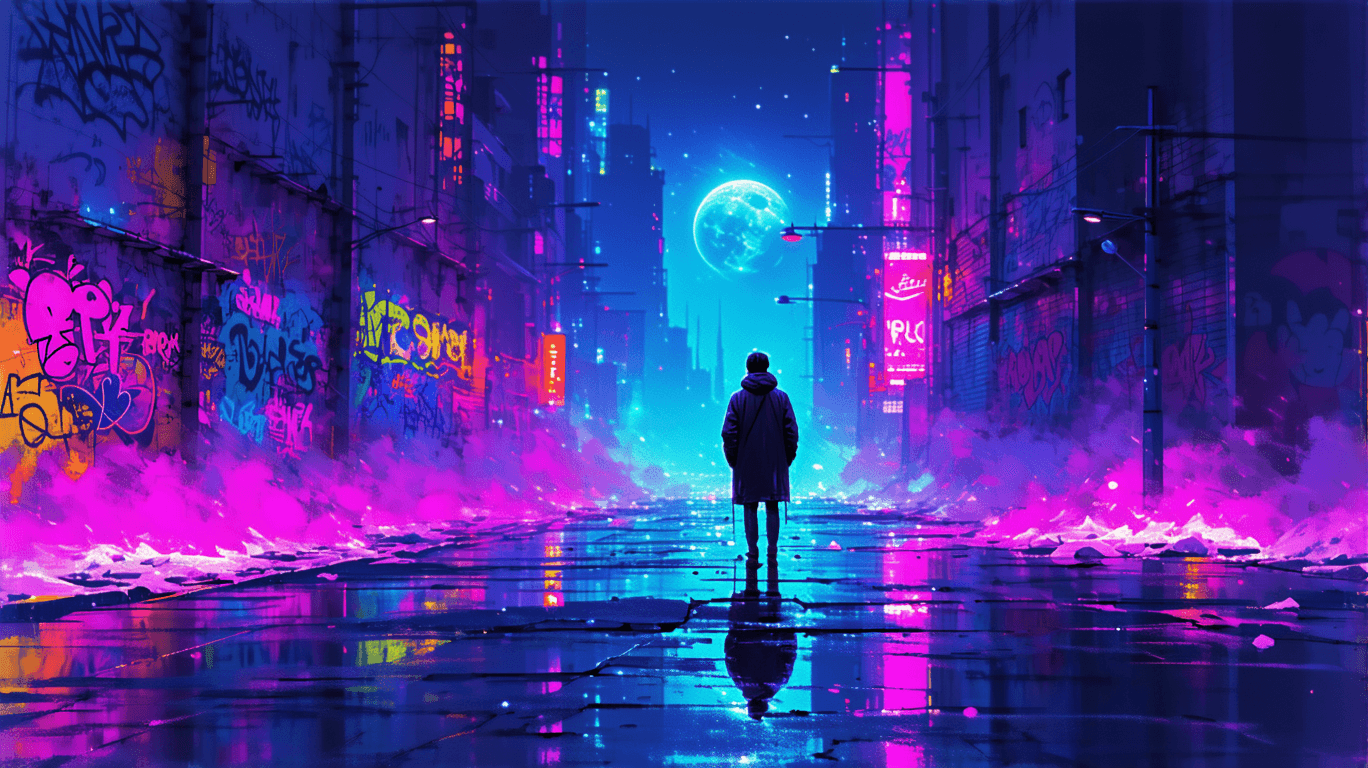 AI generated: illustration reflecting interstellar ; moviestyle, a lone figure, seen from the back, faces a vibran...