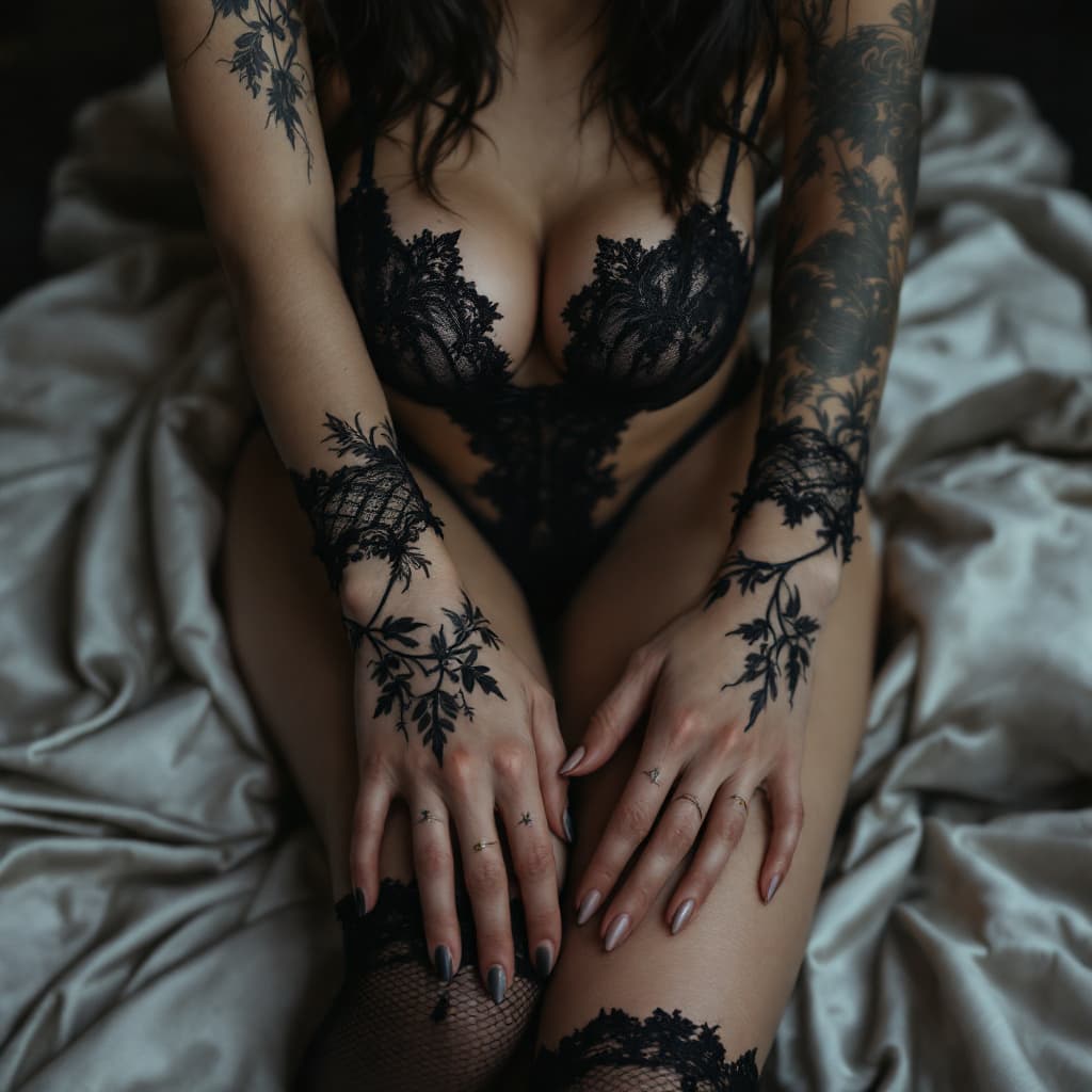 AI generated: in black fine in high heels and with garters, slimmer, black, lace lingerie, black transparent linge...