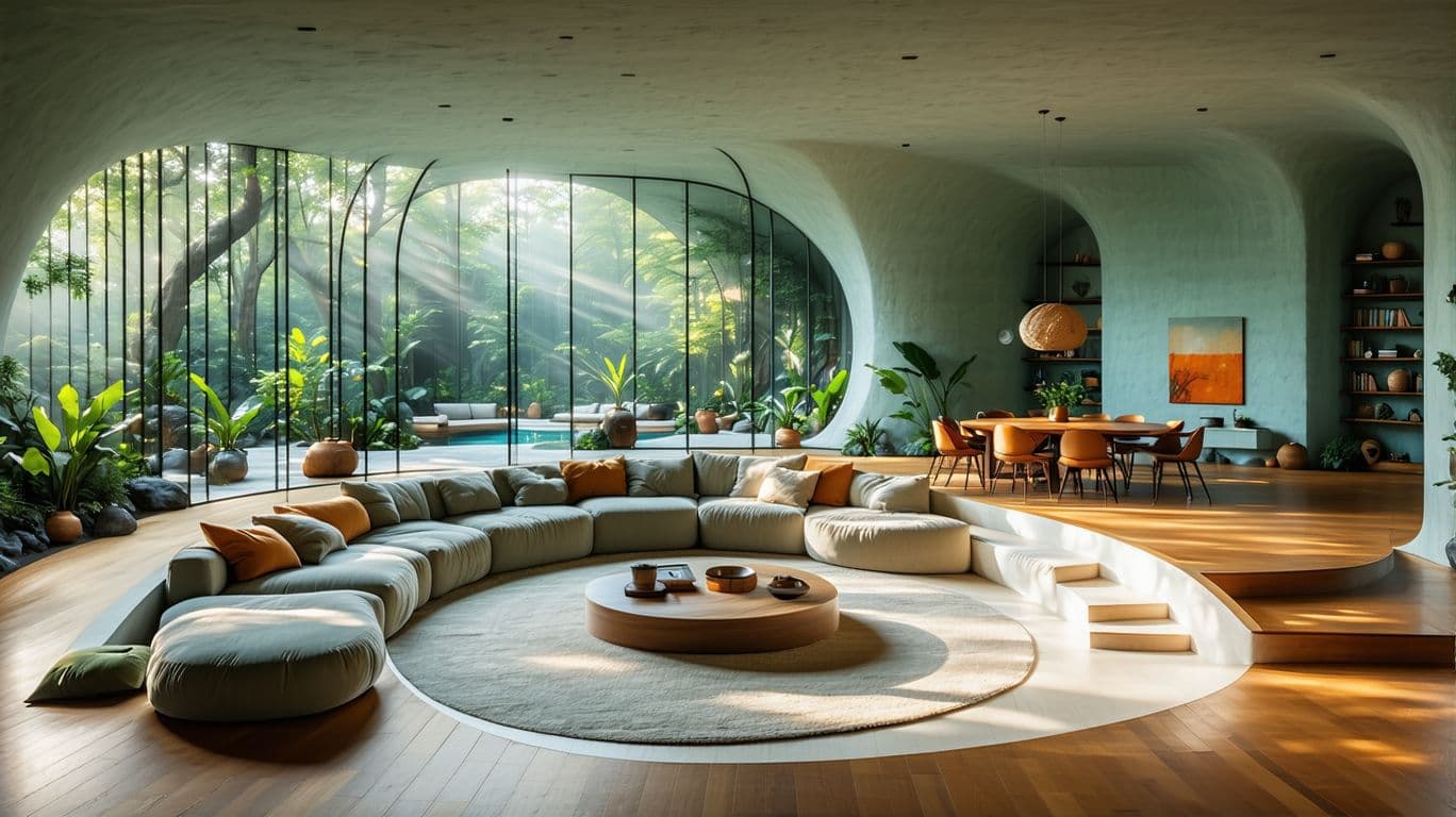 AI generated: High resolution photography interior design, dreamy sunken living room conversation pit, wooden floo...