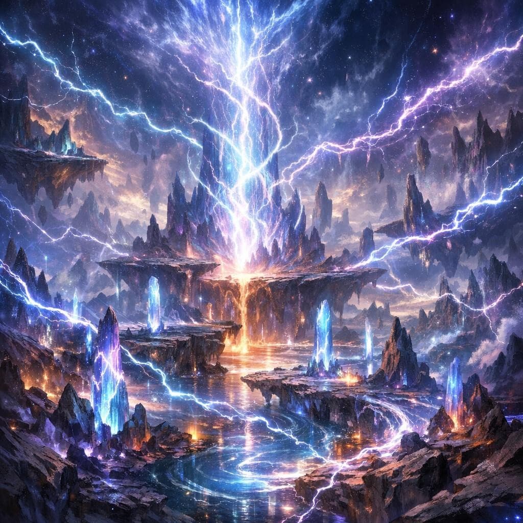 AI generated: Create a unique environment/Biome of a Energy → The Flux Nexus (raw energy arcs through the environm...