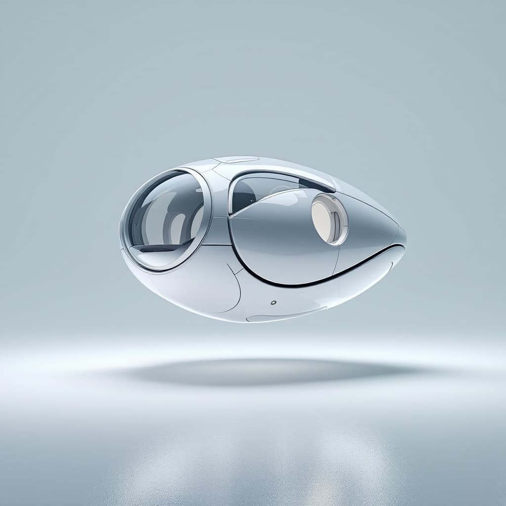 AI generated: Futuristic pod floating realistic image with white background

minimalist sci-fi, geometric shapes...