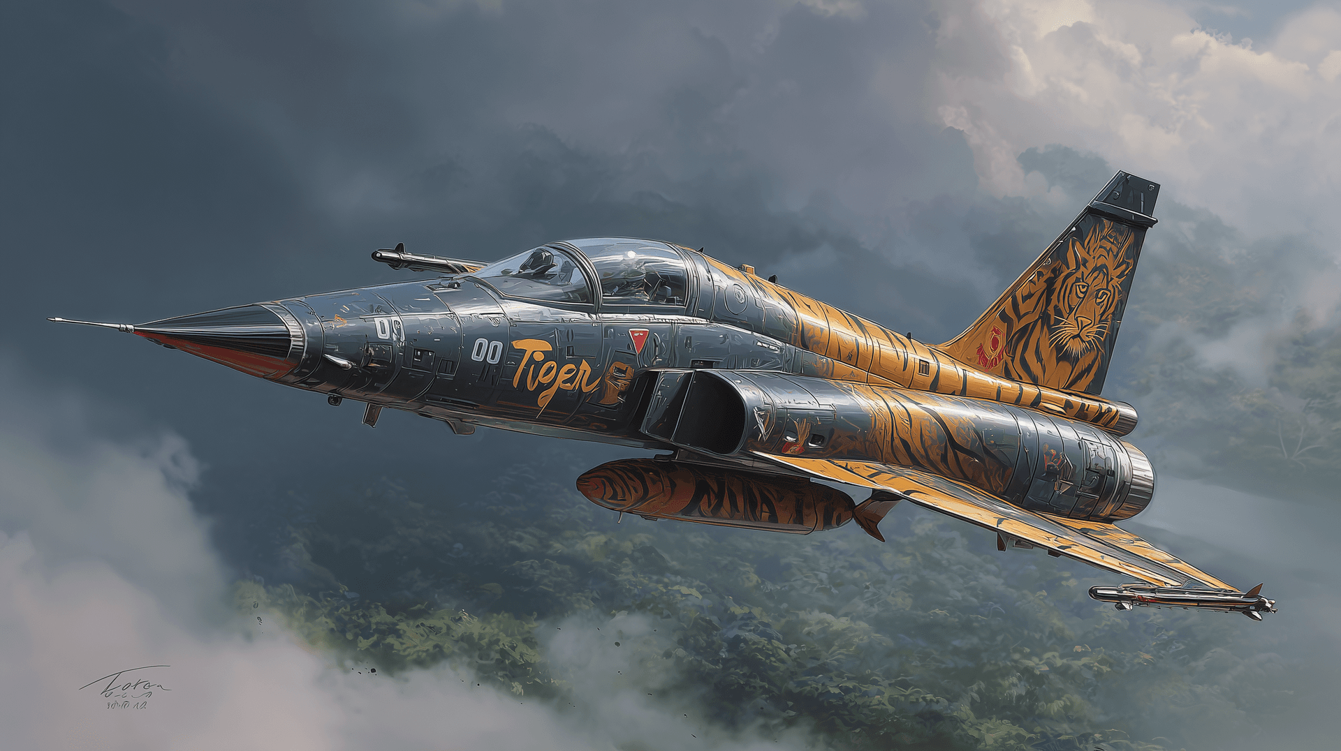 AI generated: A sci fi starfighter, in flight, painted for a "Tiger Meet"