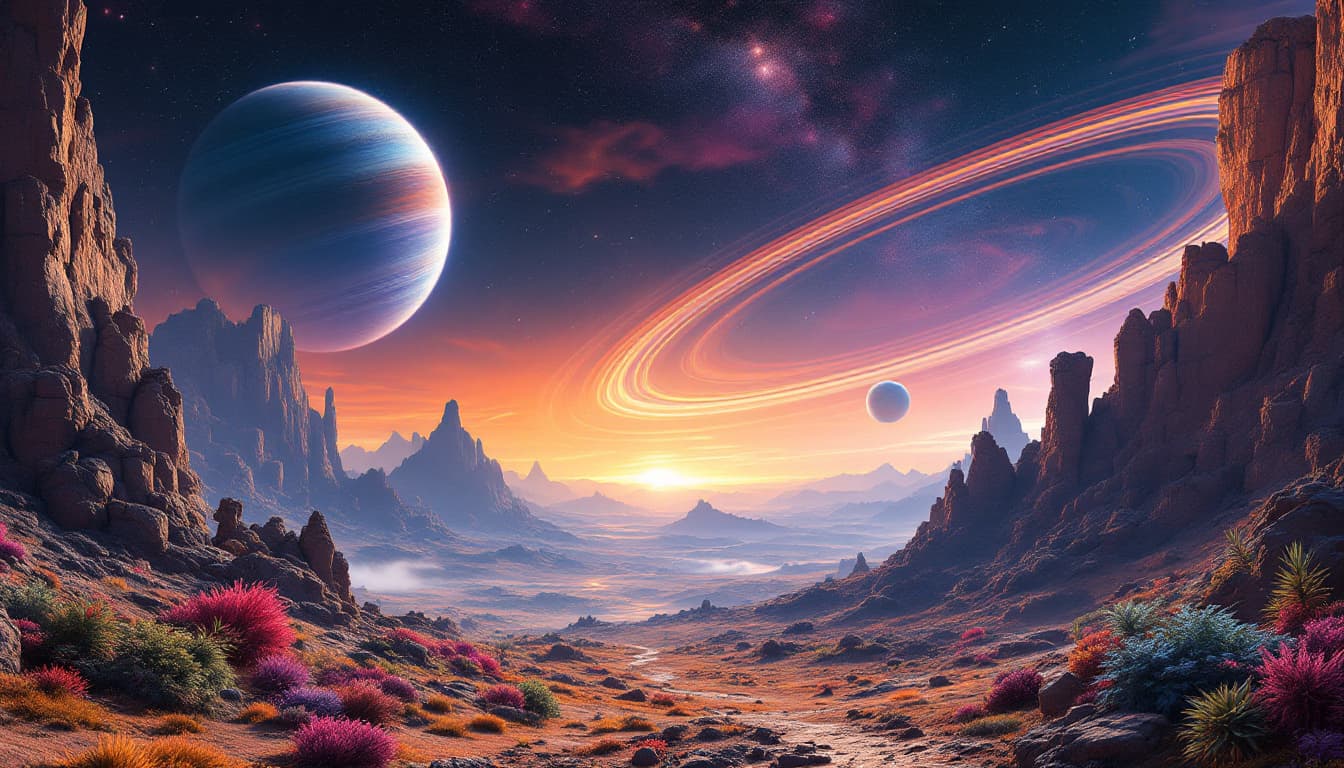 AI generated: A dramatic landscape on an exoplanet with a breathtaking view of a ringed gas giant in the sky. The ...