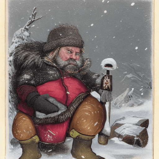 AI generated: Pobese old dwarf with a tail and eye patch in the cold, snowy mountains by the fire with his telesco...