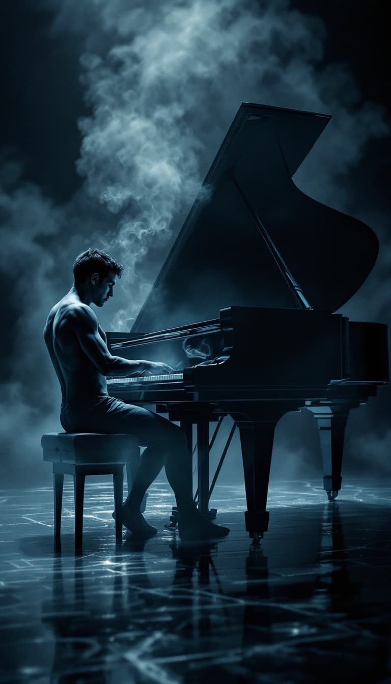 AI generated: An ultra-realistic photograph of a surreal fusion of human and instrument: a male grand piano, photo...