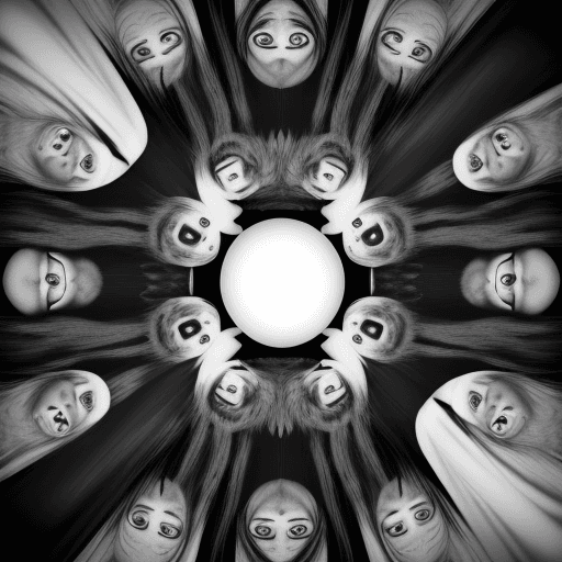 AI generated: black and white. distorted, many faces staring at you, they upside down and under some angle, number...