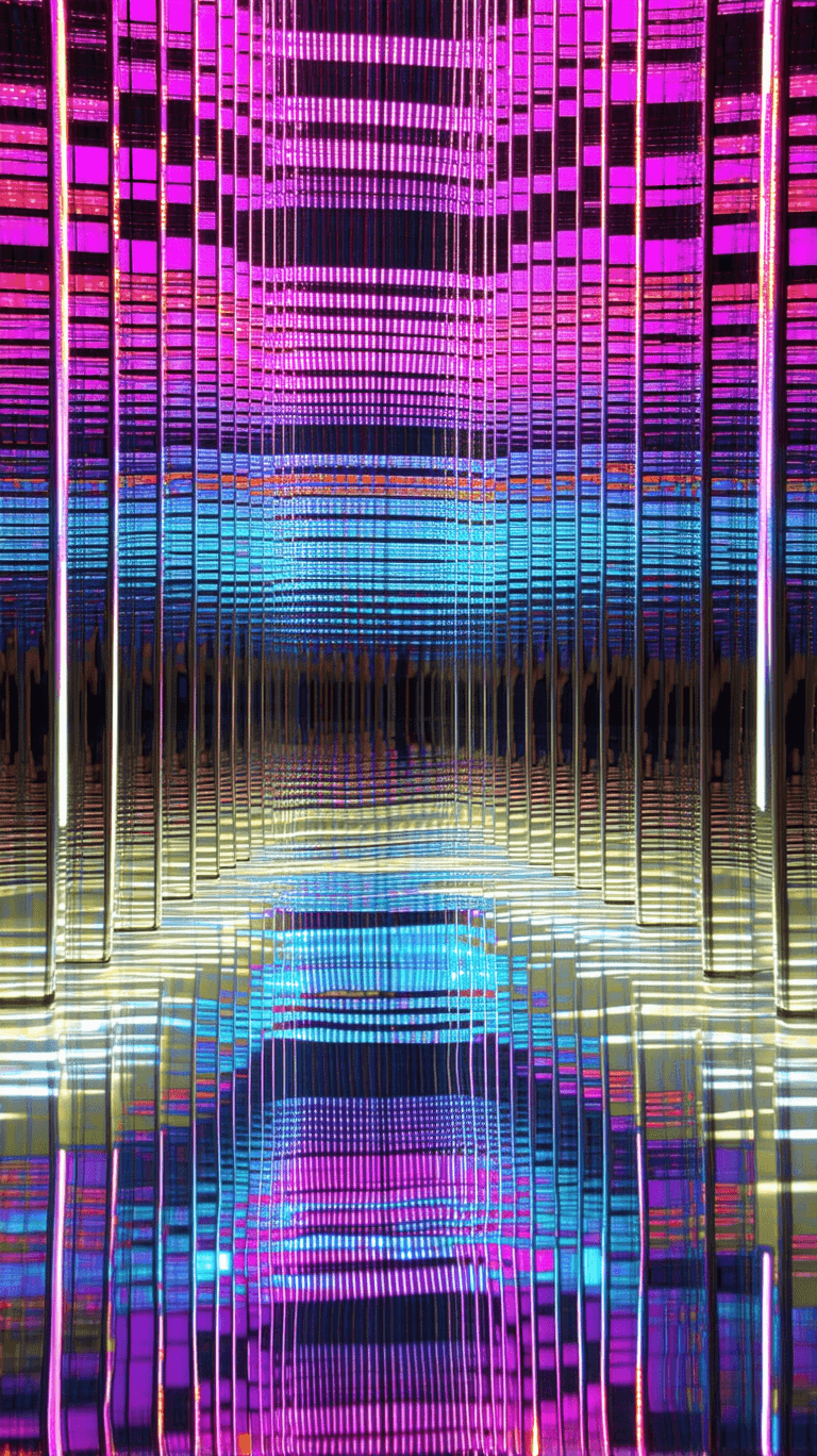 AI generated: surreal, reflective metropolis, colorful lights bounce off massive mirror facades, creating a hypnot...