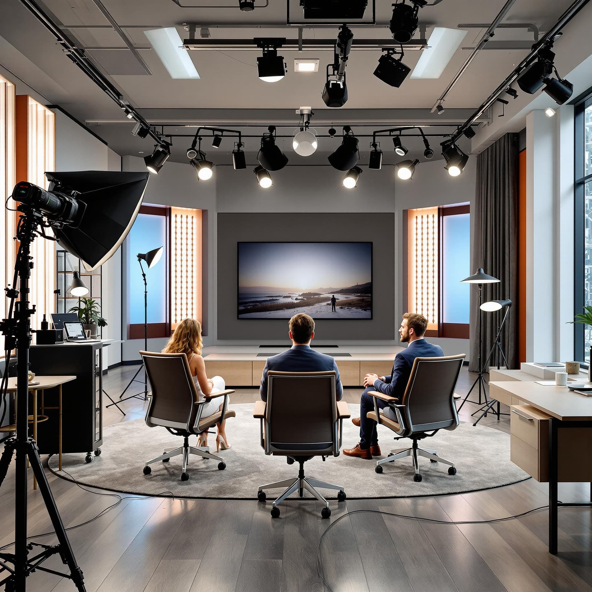 AI generated: a presenter on a chair facing the camera, a spacious TV studio with a frontal view, Herman Miller Ae...