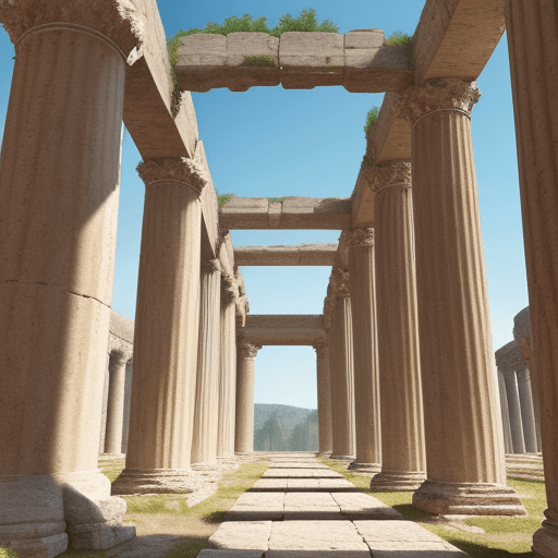 AI generated: Photo of An old roman structure with the roof is resting on only 3 pillars and the pillars rest on o...