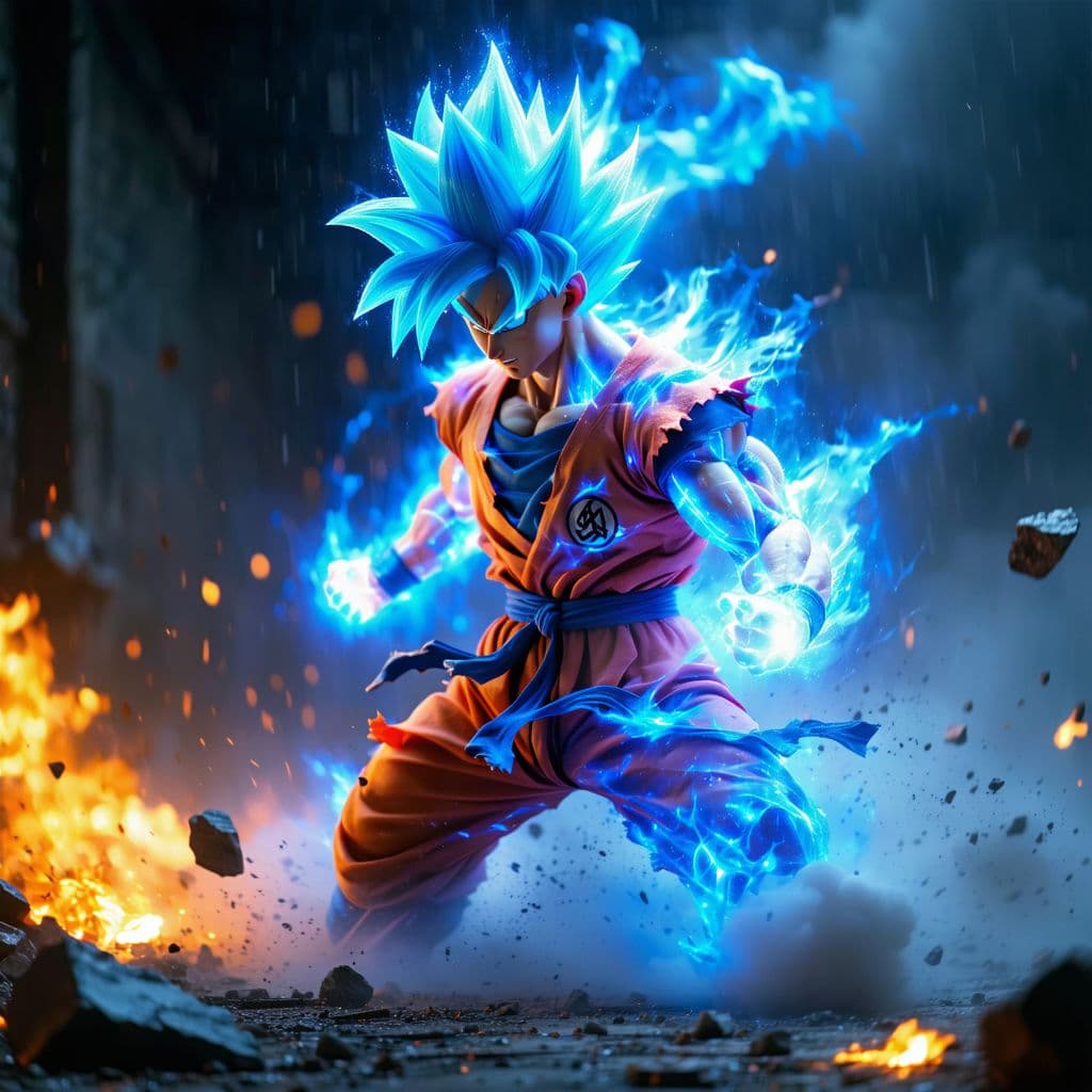 AI generated: realistic style, Goku fighting at war, raging, blue hair, character design, body is adorned with glo...