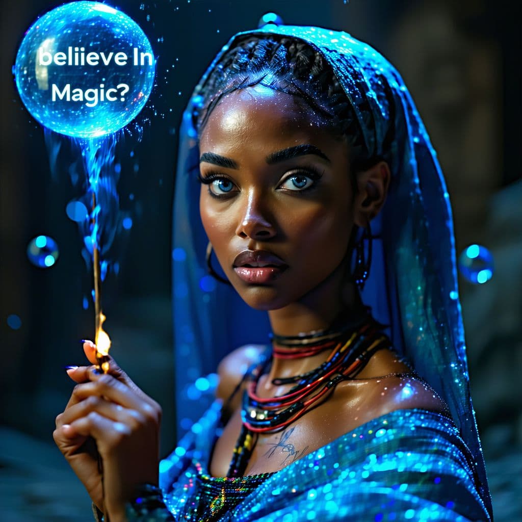 AI generated: a very beatiful african woman holding a magic stick with deep blue eyes,looking directly to cam,seri...