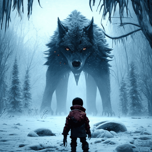 AI generated: Starvation black monster wolves with red eyes, fight in the ice age Scenery, : concept art::1 cyberp...