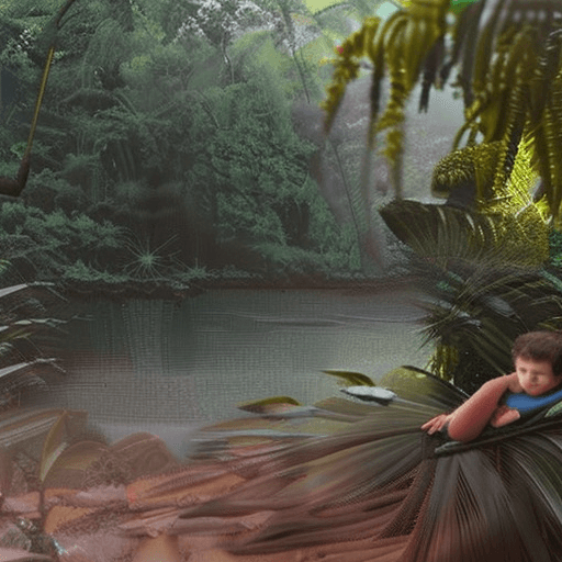 AI generated: A boy lying in a jungle , cinematic jungle view with river and birds