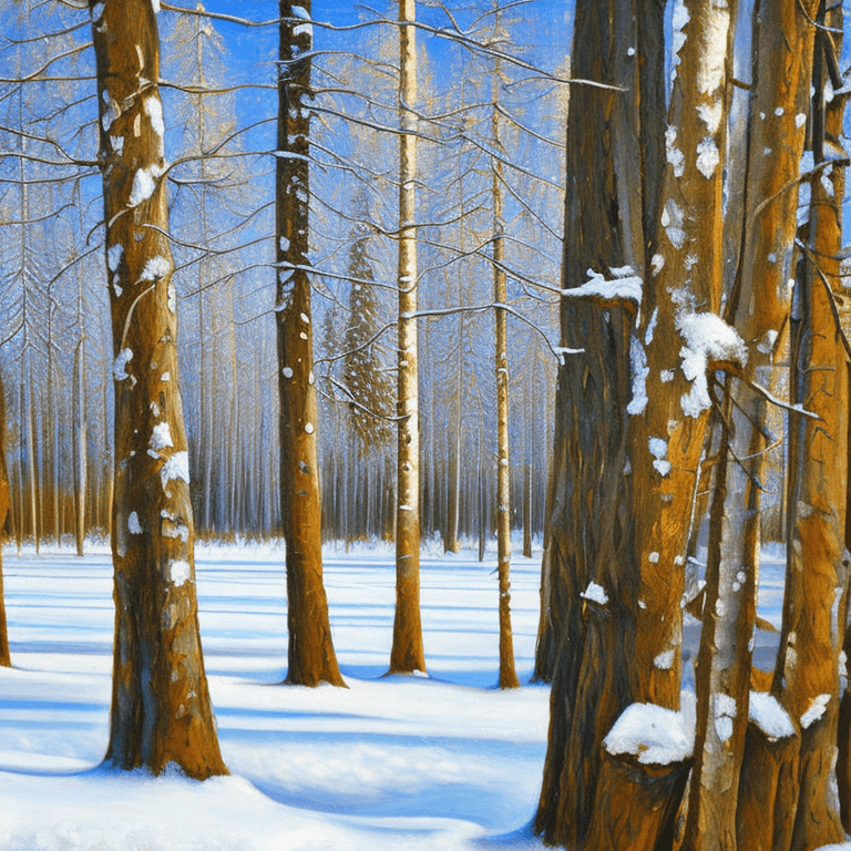 AI generated: an oil painting of some trees in the snow, shutterstock, american scene painting, spruce, pine and b...