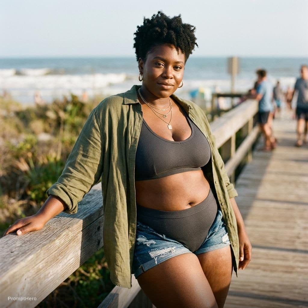 AI generated: Maka a ai dark black woman looking realistic with round big boobs and curved shape belly and big thi...