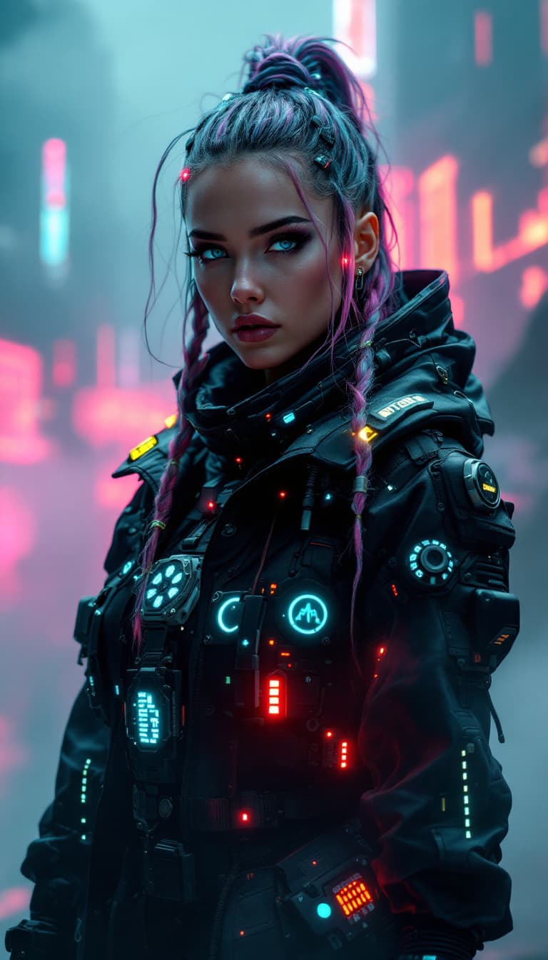 AI generated: An ultra-realistic, full-body portrait of a captivating cyberpunk data broker woman, radiating a sha...