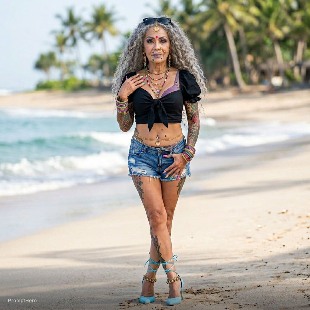 AI generated: A full-length photograph showing a tall, indignant, surprised, curvy, voluptuous old-aged Indonesian...