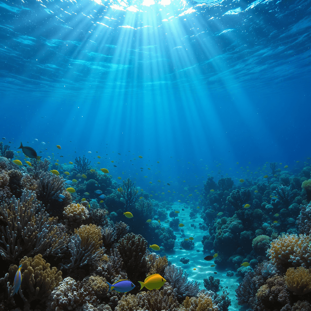 AI generated: A vibrant coral reef teeming with tropical fish, sea turtles, and shafts of sunlight piercing the wa...