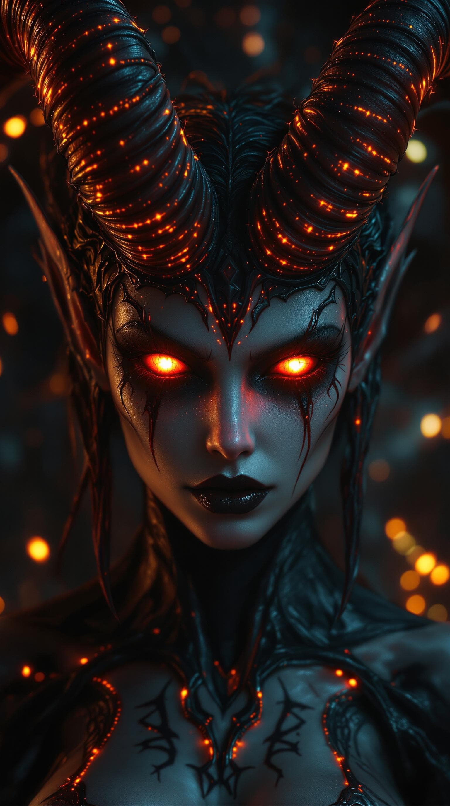 AI generated: A professional photo of a demon girl with horns and glowing eyes, (masterpiece), (realistic), (full ...