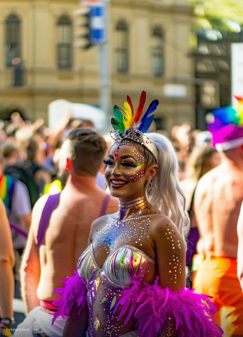 AI generated: In the vibrant and lively atmosphere of the Sydney Gay and Lesbian Mardi Gras parade, a central figu...