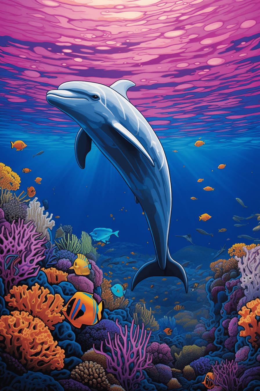 AI generated: A dolphin swimming in a crystal-clear ocean, with vibrant coral reefs, gracefully gliding, Charles B...