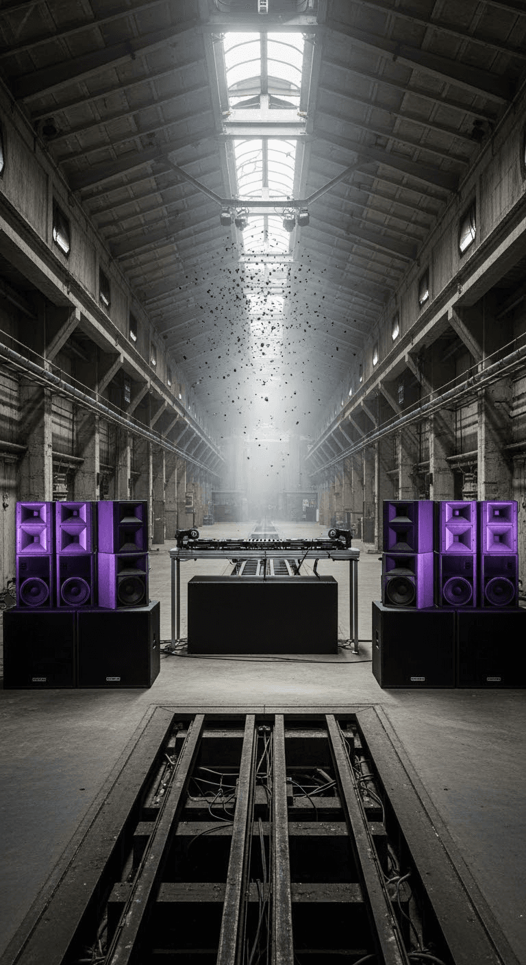 AI generated: vista con profundidad de campo del Interior de una nave industrial de hormigón brutalista, amplia, v...