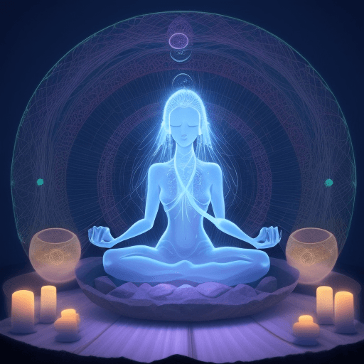 AI generated: Image or a Sound healing studio, multi-sensory, meditative sound therapy session, where the sounds o...