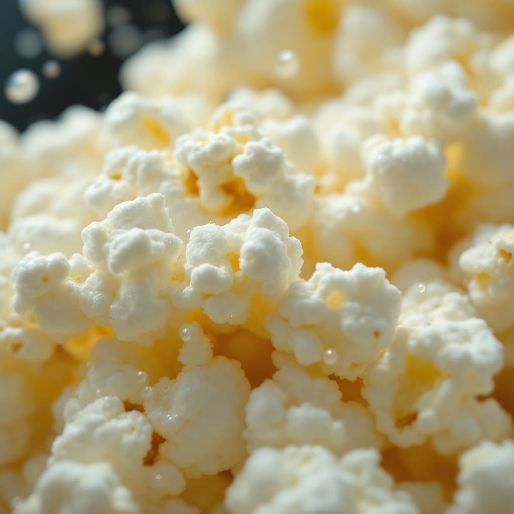 AI generated: close-up of popcorn kernel bursting, oil bubbles flying, cinematic motion --v 7 --style ultra-real -...