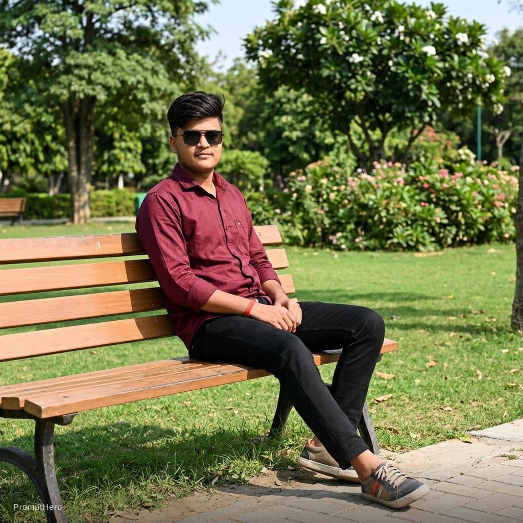AI generated: Change the dress and wear the maroon shirt with black pant and he is sitting on the bench in the par...