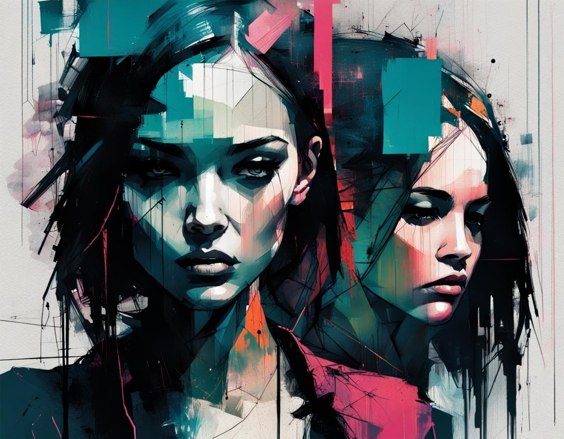 AI generated: abstract girls in a crowded night club illustration, glitch effects, fading, by Guy Denning, by Joha...