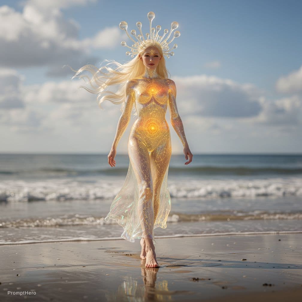 AI generated: A luminous ethereal being with a translucent body, emanating an inner golden light, walks along a we...
