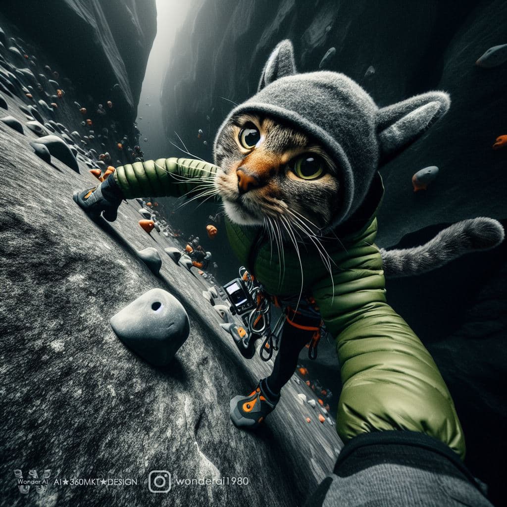 AI generated: Extreme sports, GoPro filming, a real cat dressed in climbing gear, climbing, dynamic pose (dark gra...