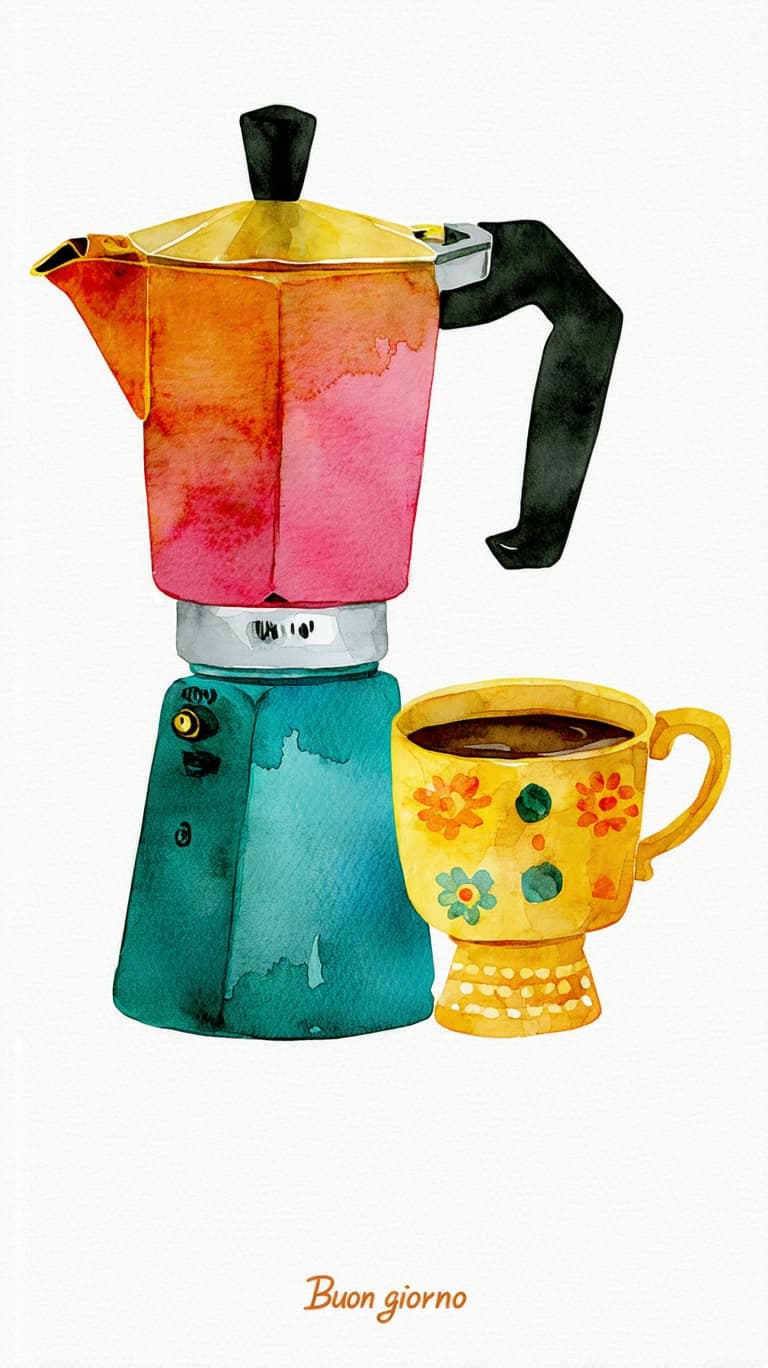AI generated: A whimsical, colorful watercolor illustration of a Italian Moka pot and a coffee cup, in a naive art...
