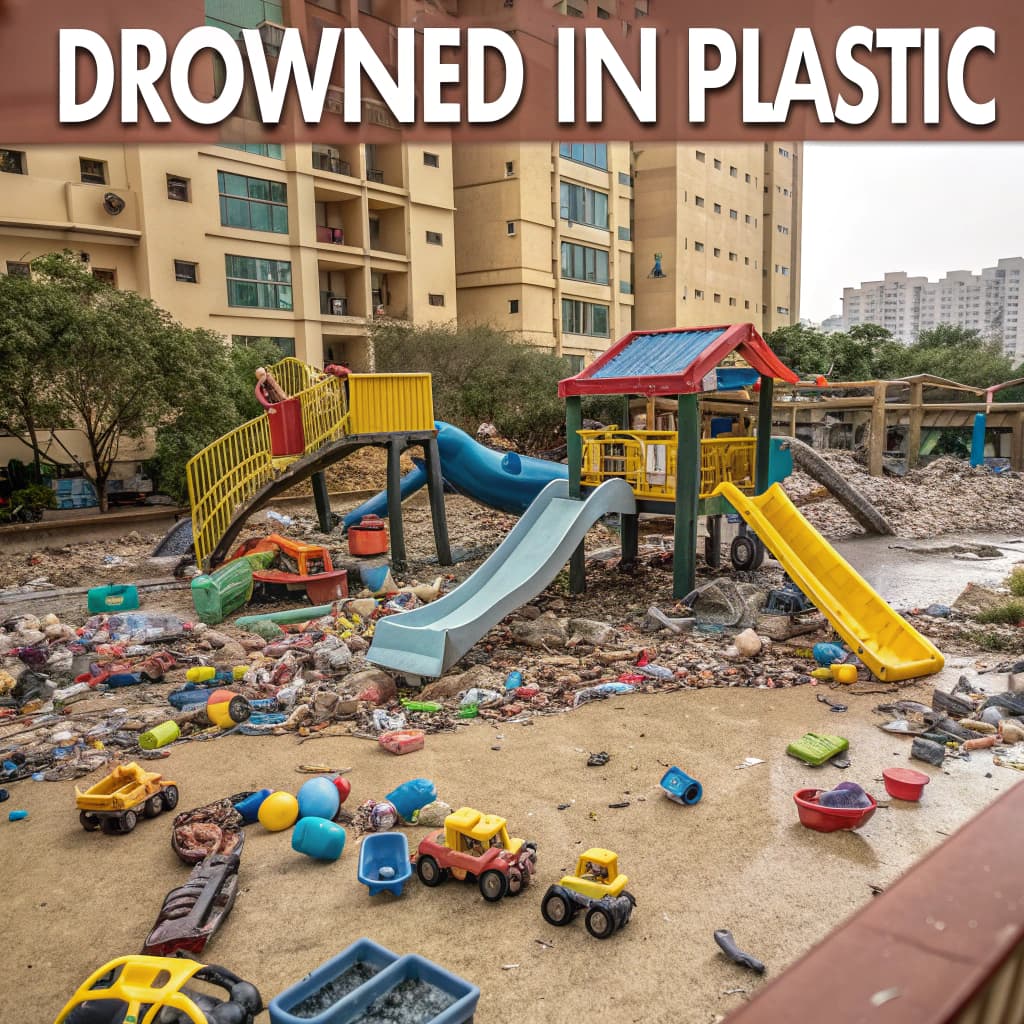 AI generated: a graphic of the idea "drowned in plastic" on a miniature playground with plastic toys as a critic o...